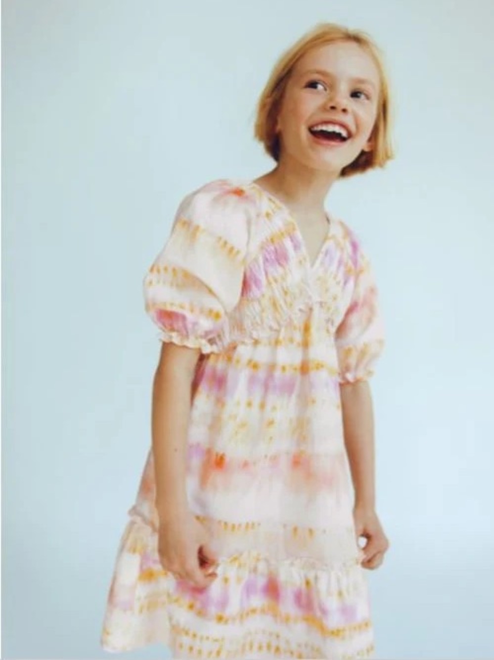 Zara Kids Girls Tie-Dye Puff Sleeve Summer Linen Dress - Pink & Yellow